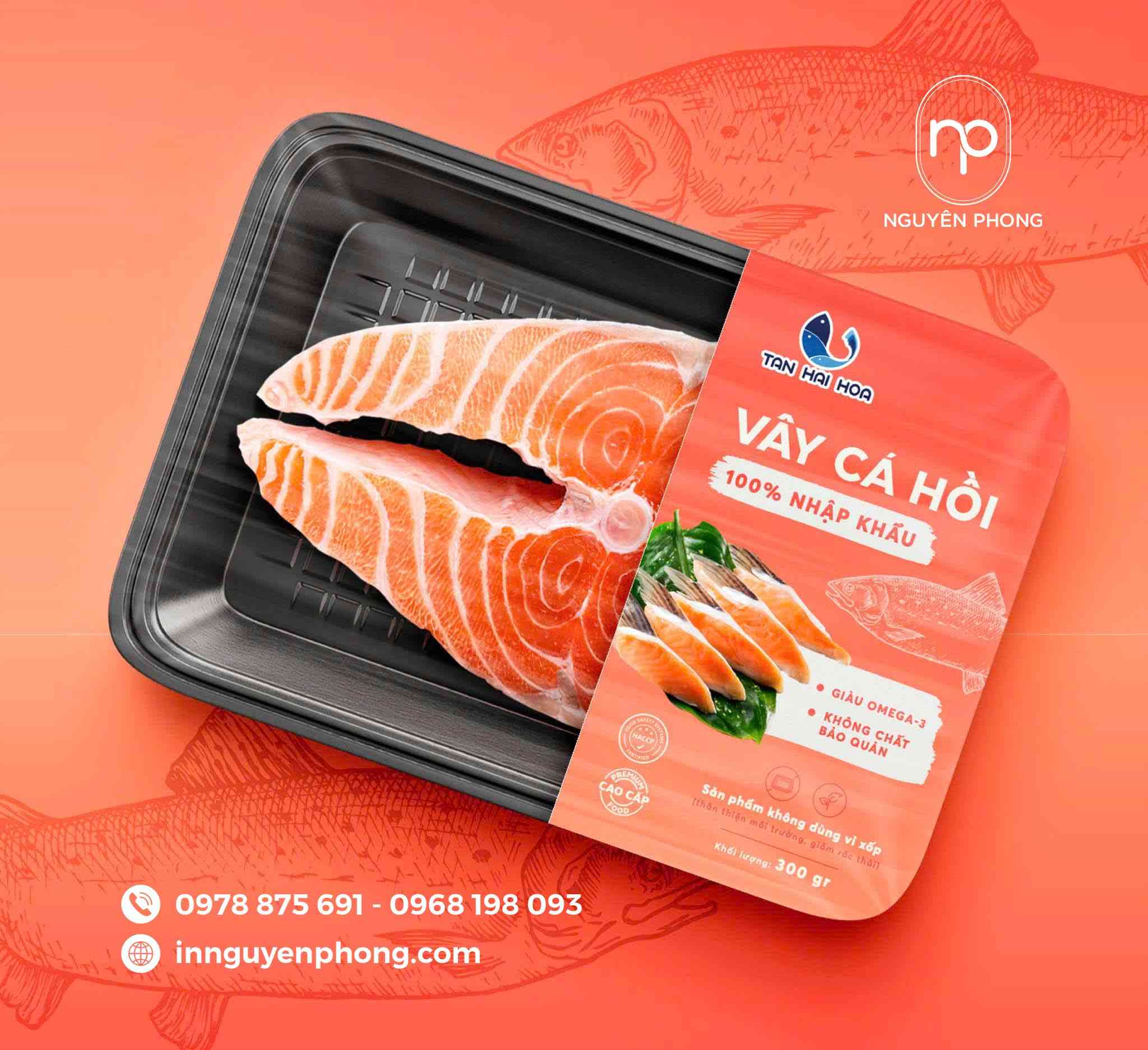 Mẫu tem nhãn thực phẩm vây cá hồi 